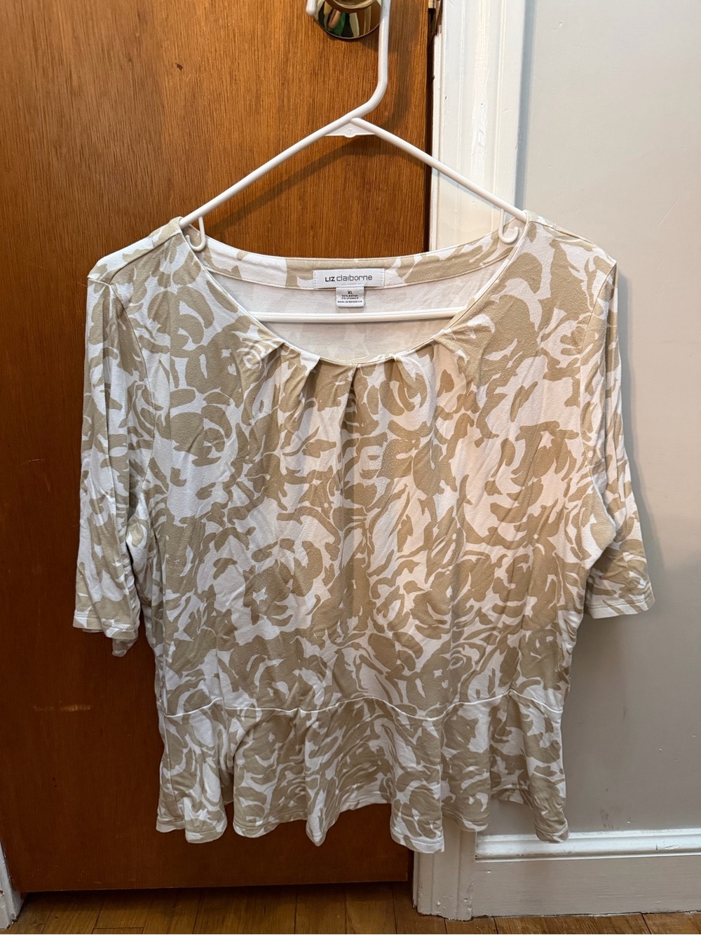 Liz Claiborne Cream and Tan Floral Peplum Top